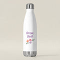 White water bottle with 'Grow, Girl!' text and floral design on a white background