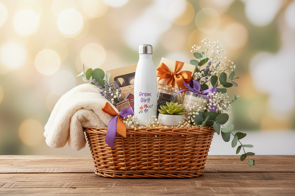 White water bottle with 'Grow, Girl!' text and floral design on a white background