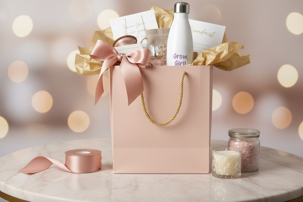 Gift bag with pink ribbon, white bottle, and candles on a table with blurred lights in the background