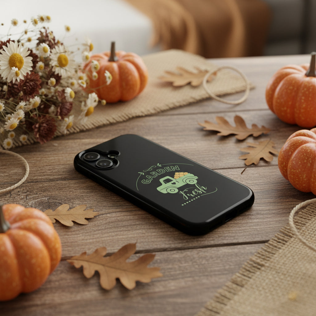 Black phone case with a green truck and 'Garden Fresh' text on a white background