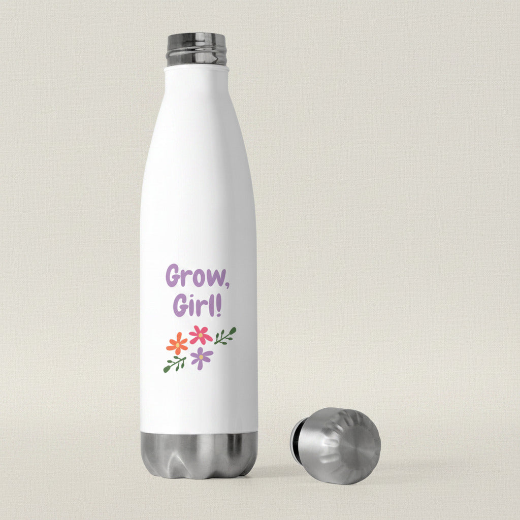 White water bottle with 'Grow, Girl!' text and floral designs on a white background