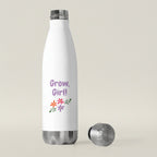 White water bottle with 'Grow, Girl!' text and floral designs on a white background