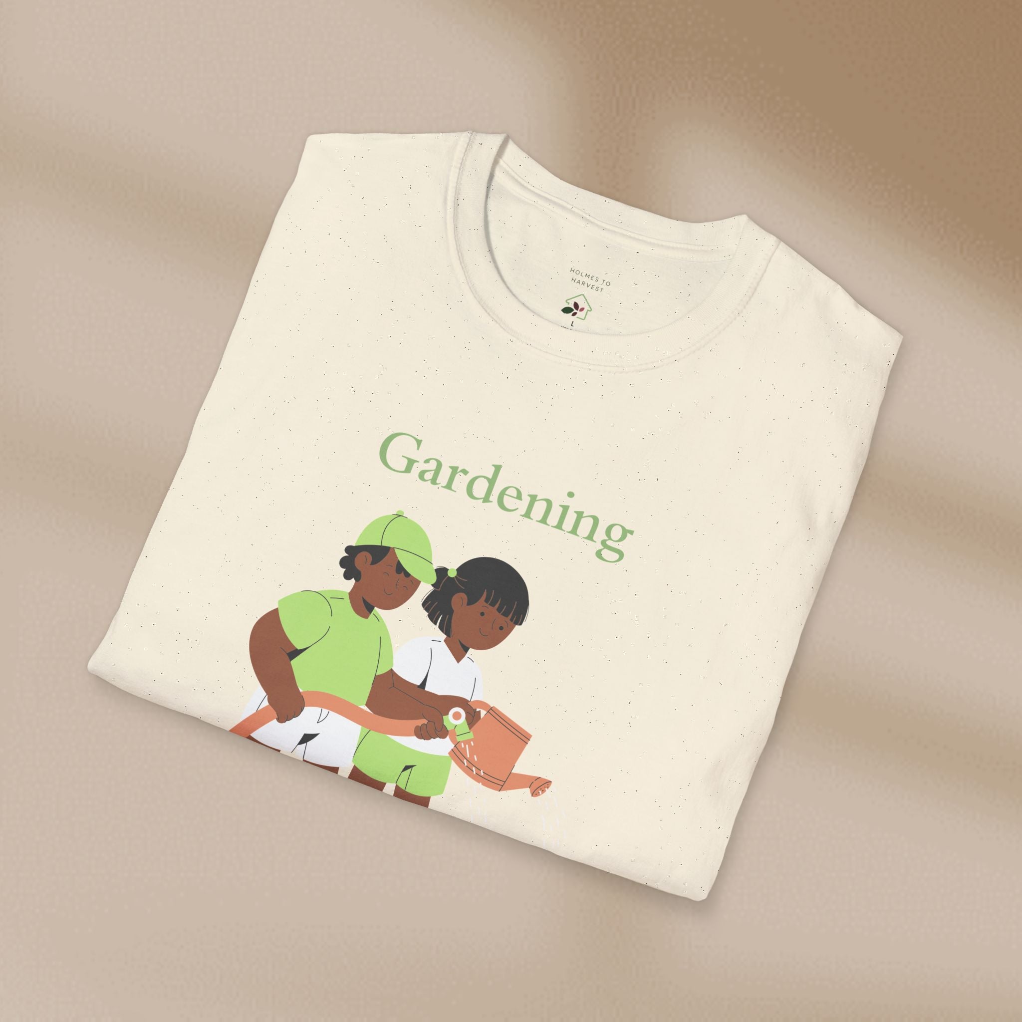 Folded t-shirt with 'Gardening' text and illustration of two people gardening on a beige background