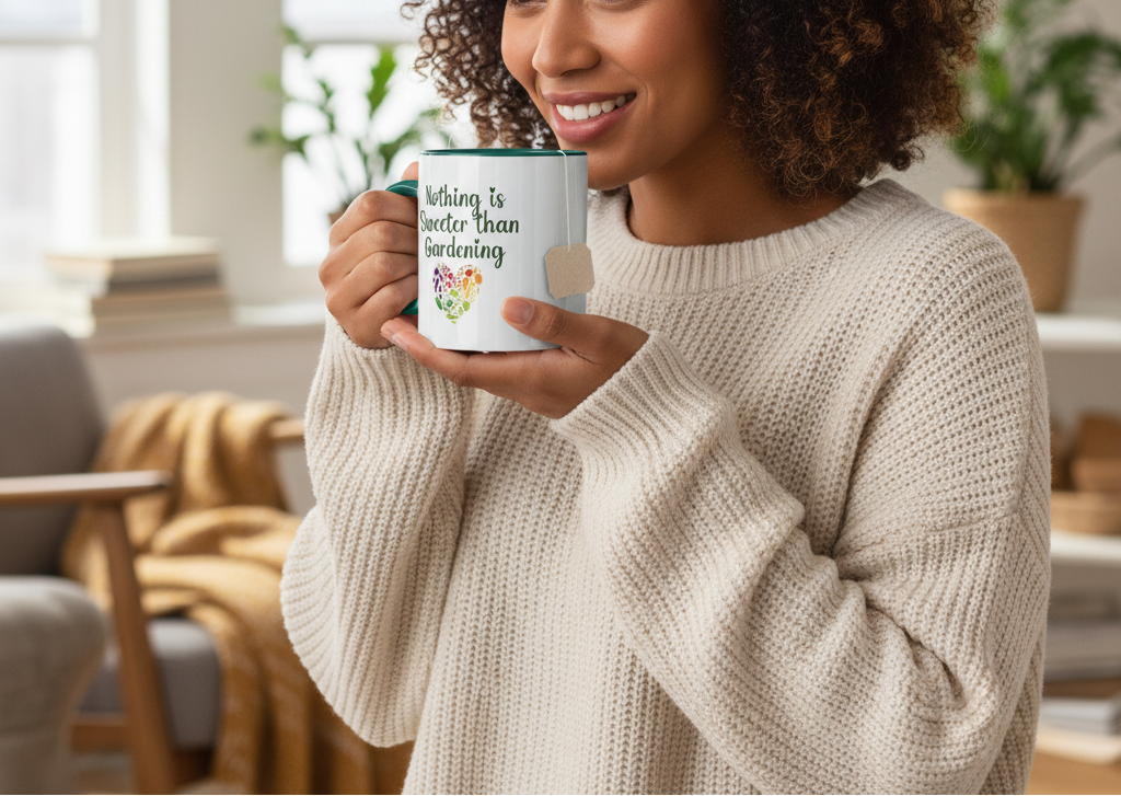 Woman holding a mug with a floral design and text in a cozy living room.