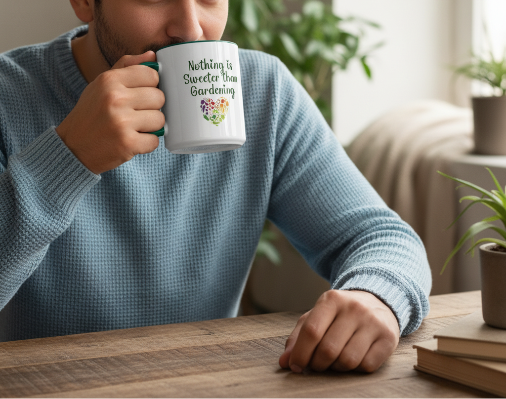 Woman holding a mug with a floral design and text in a cozy living room.