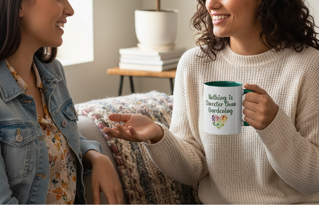 Two women sitting together, one holding a mug with text and graphics.