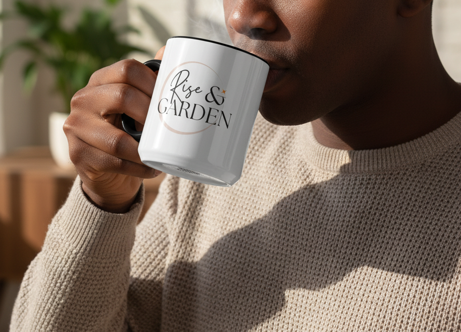 Person holding a mug with 'Rise & Garden' text, wearing a beige sweater.