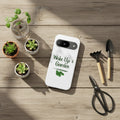 Phone case with 'Wake Up & Garden' text and leaf design on a white background