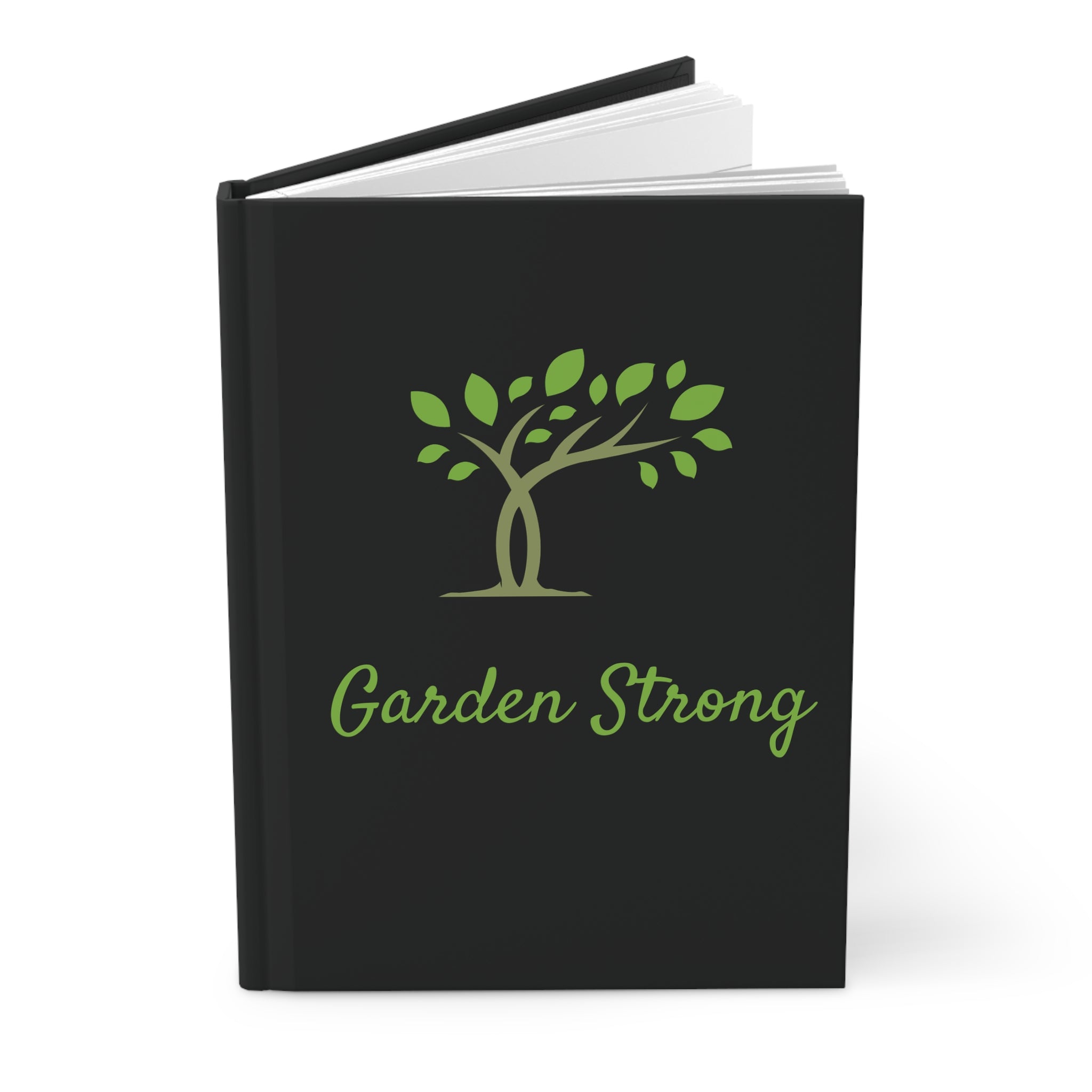 Black notebook with 'Garden Strong' and tree design on a white background