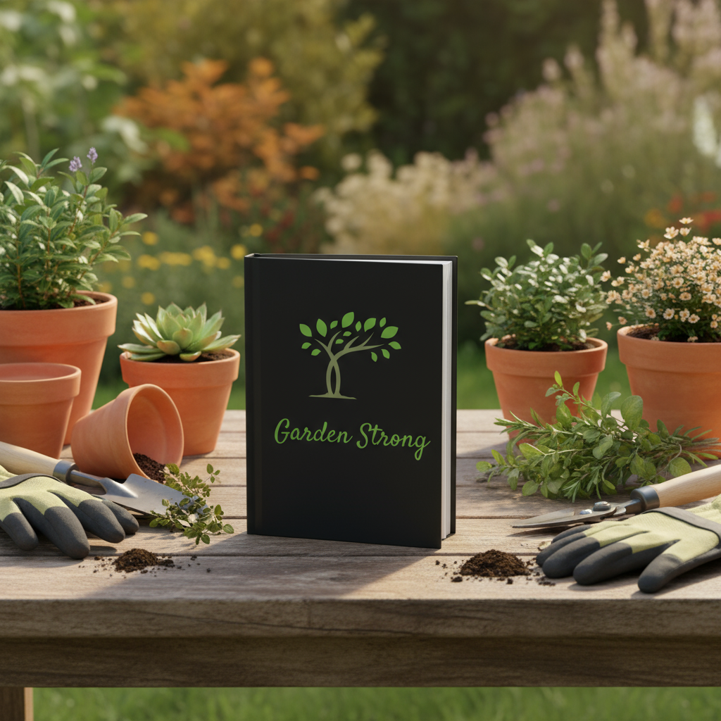Garden Strong book on a table with gardening tools and plants outdoors
