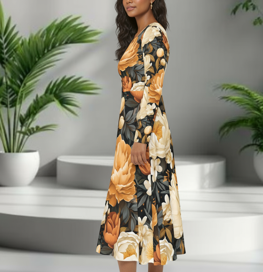 Woman wearing a floral dress with a neutral background and plants.