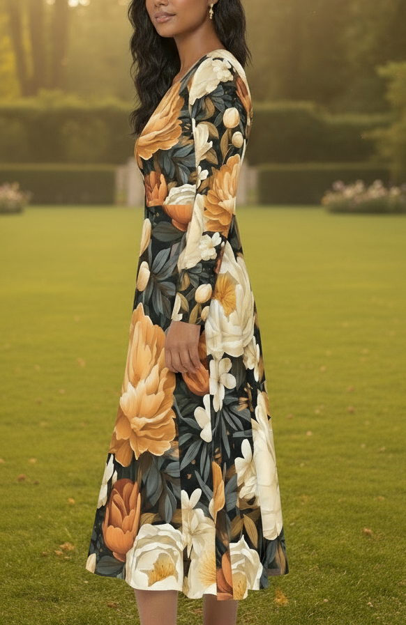 Woman wearing a floral dress standing on grass with a blurred background