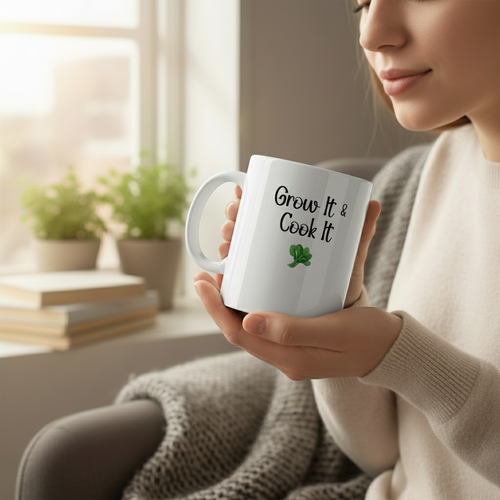Person holding a mug with 'Grow It & Cook It' text in a cozy indoor setting