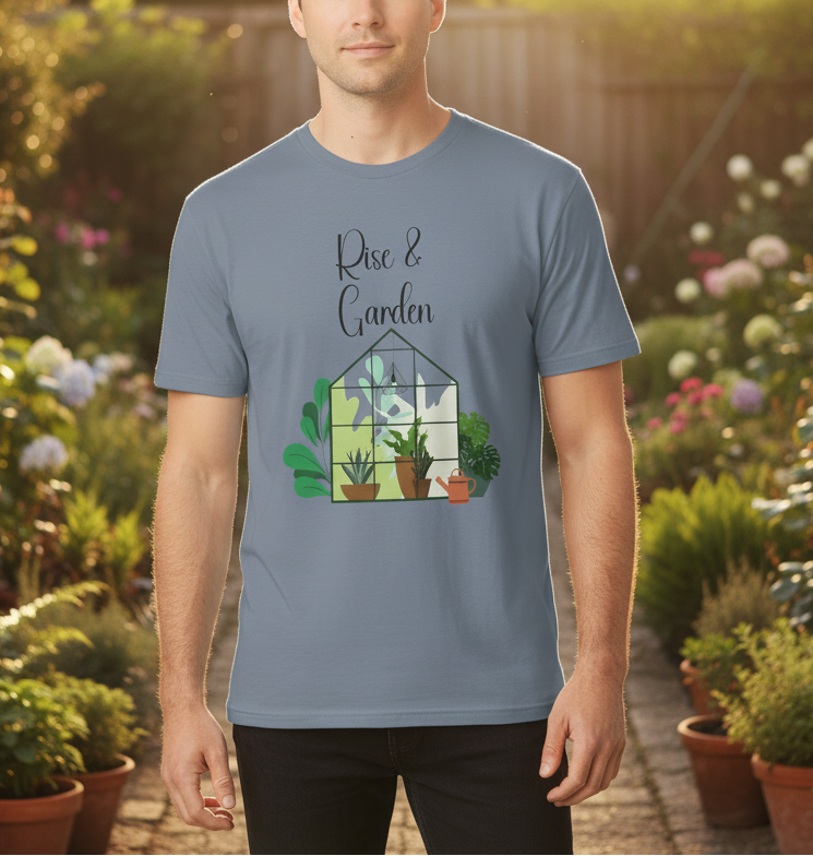 Person wearing a blue t-shirt with a garden-themed design in a garden setting