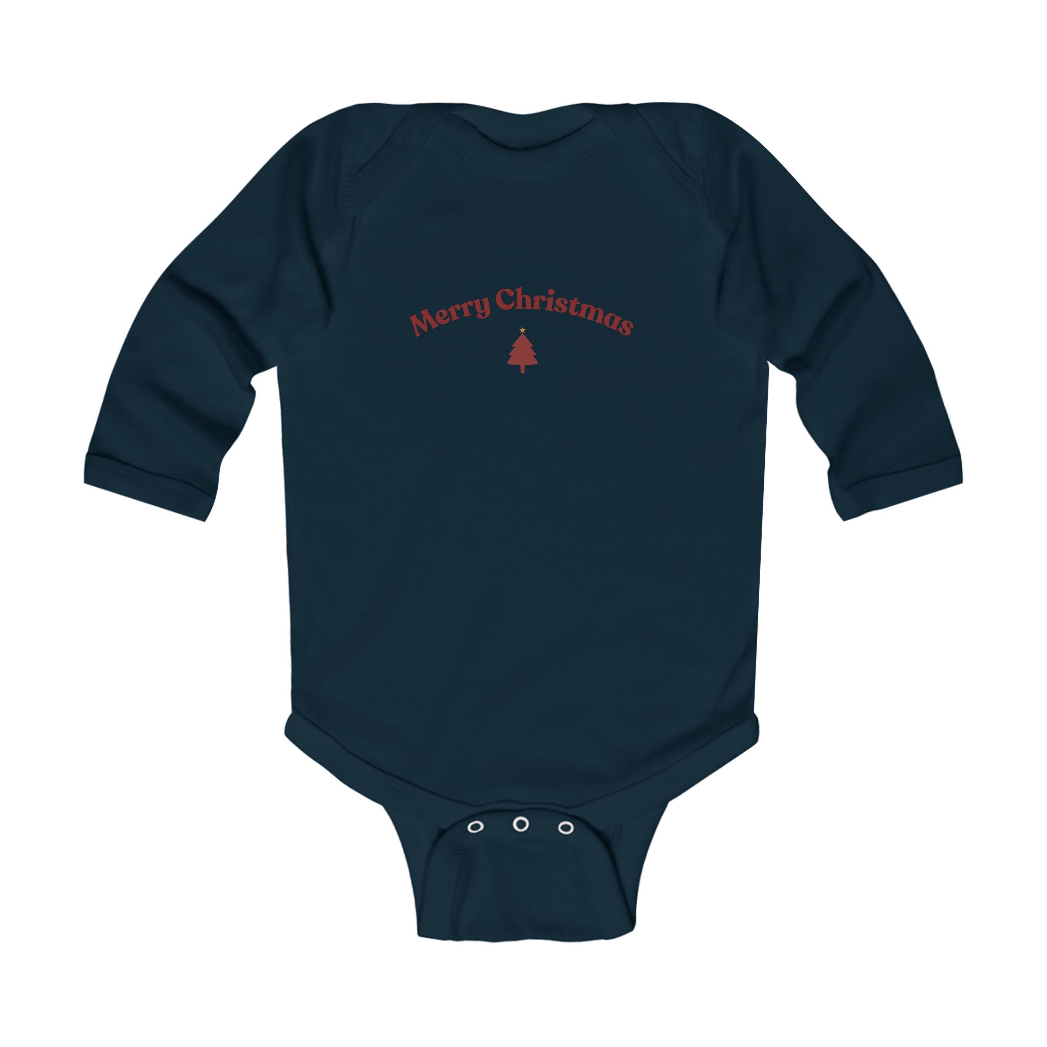 Navy blue baby onesie with 'Merry Christmas' text on a white background