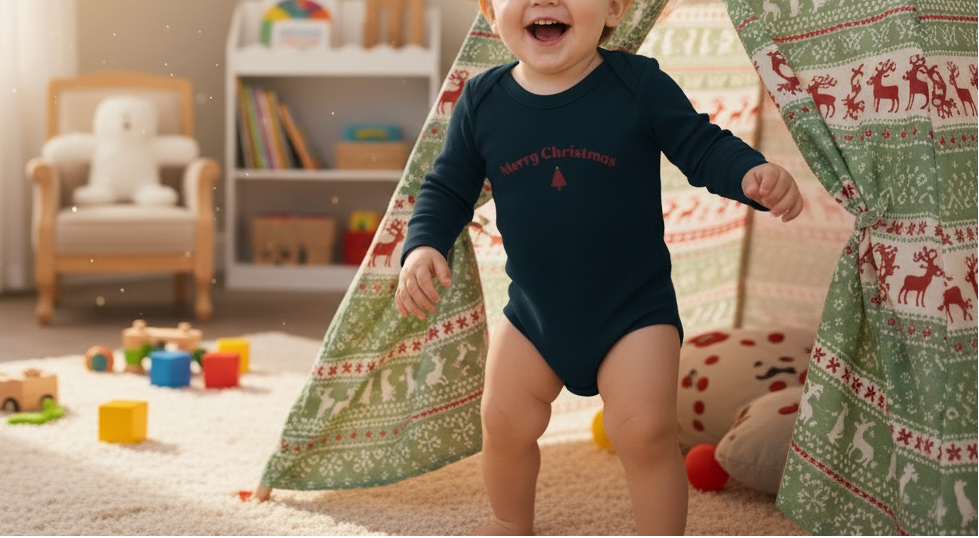 Child in a navy blue onesie with 'Merry Christmas' text, standing in a playroom with toys and a decorated tent.