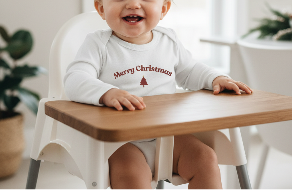 Child in a navy blue onesie with 'Merry Christmas' text, standing in a playroom with toys and a decorated tent.