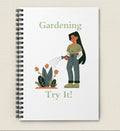 Notebook with a gardening illustration and text on a white background