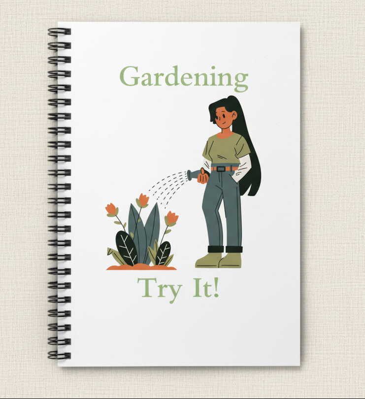 Notebook with a gardening illustration and text on a white background