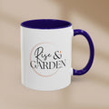 White mug with purple interior and handle featuring 'Rise & Garden' text on a beige background