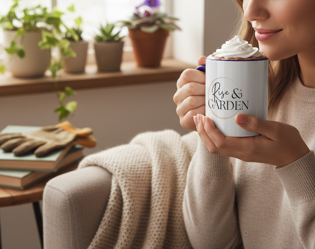 Person holding a mug with 'Rise & Garden' text, surrounded by plants and gardening tools.