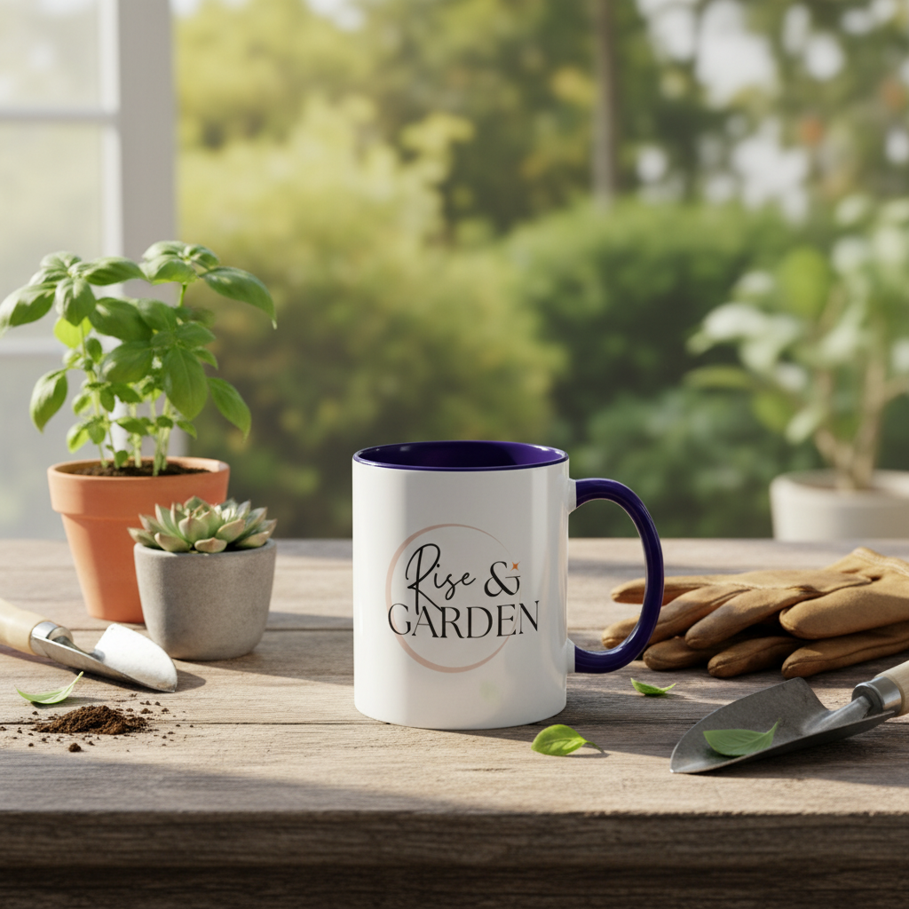 Person holding a mug with 'Rise & Garden' text, surrounded by plants and gardening tools.