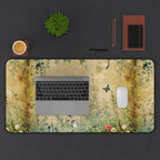 Desk setup with a laptop on a decorative desk mat featuring nature-themed design.