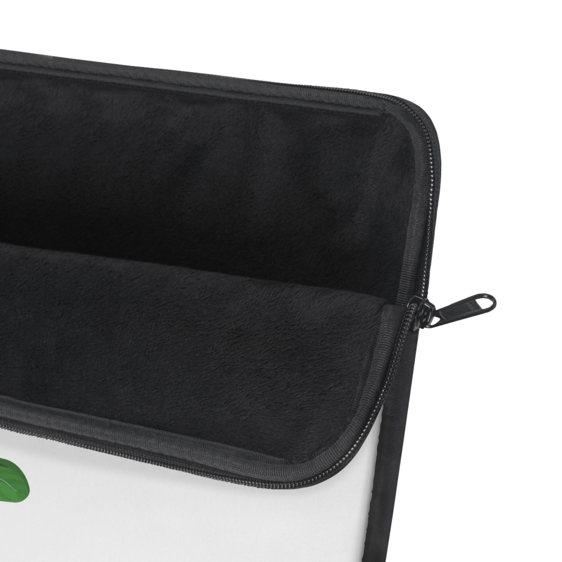 Black zippered pouch with a white interior on a white background