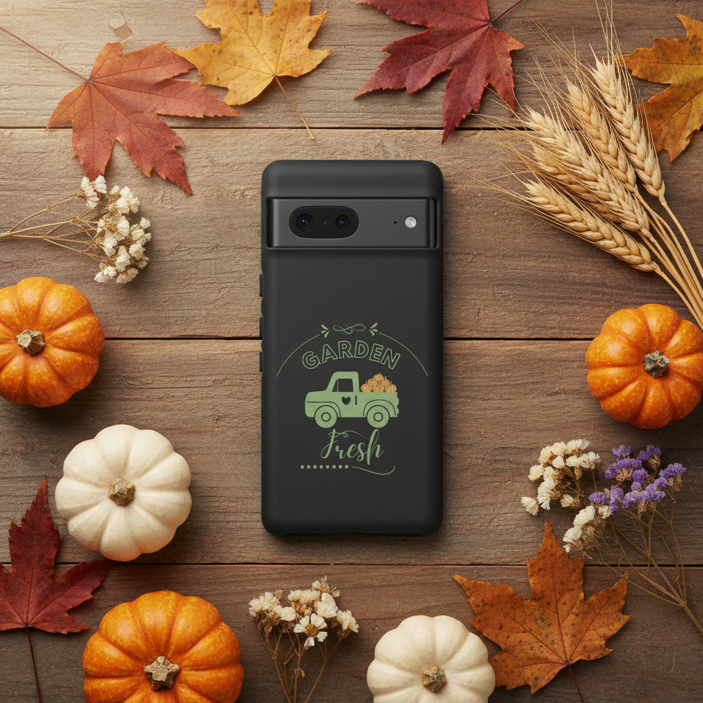 Black phone case with a green truck and 'Garden Fresh' text design.