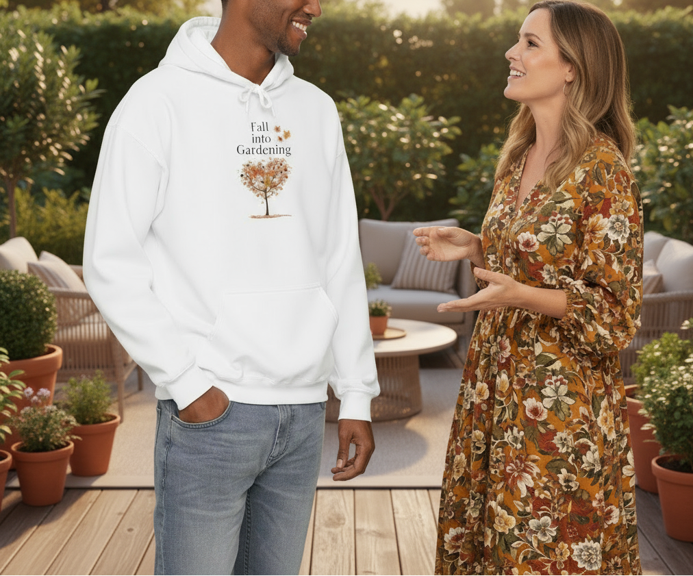 Man wearing a white hoodie with a tree design and text, standing in a garden with a woman and other people.