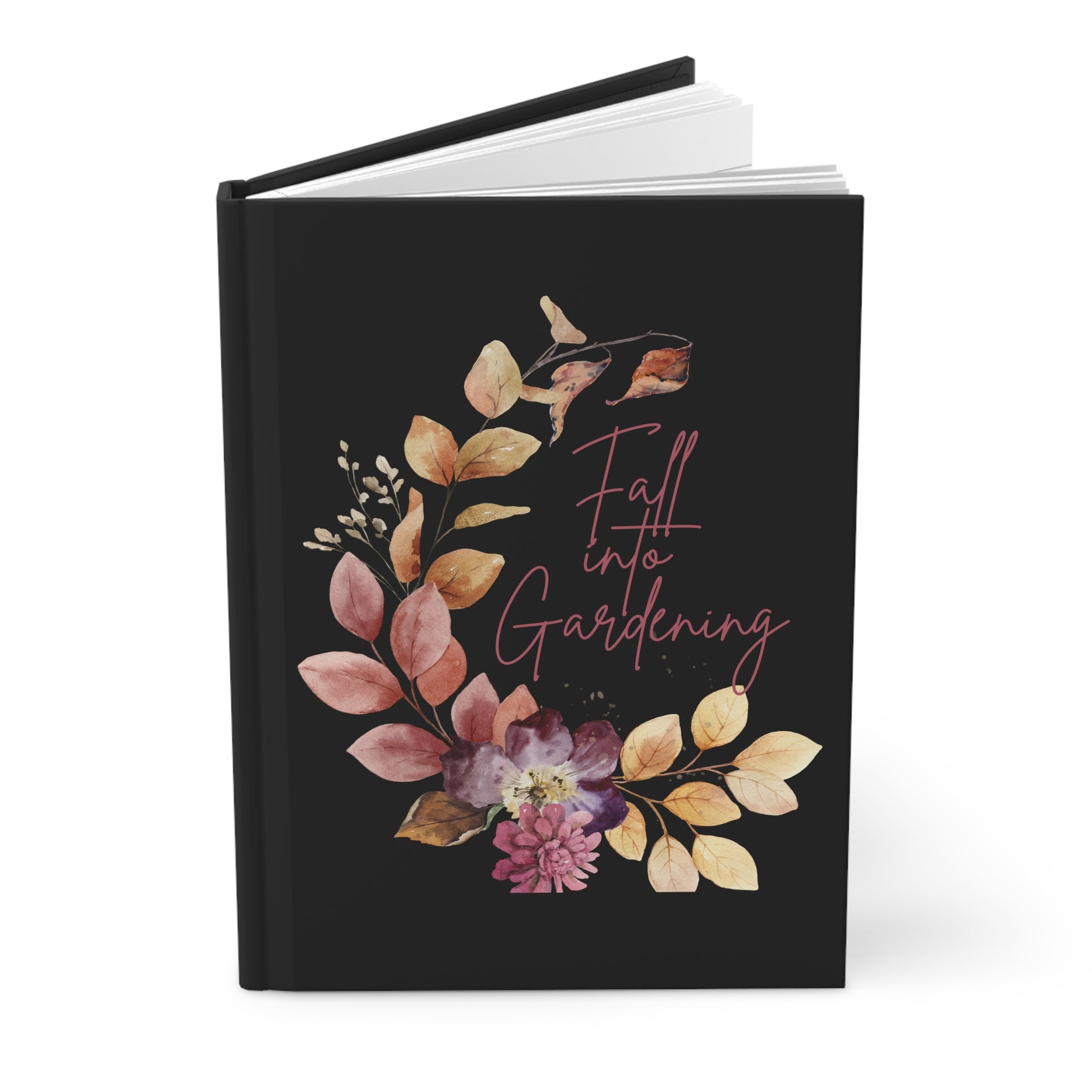 Black notebook with floral design and 'Fall into Gardening' text on a white background