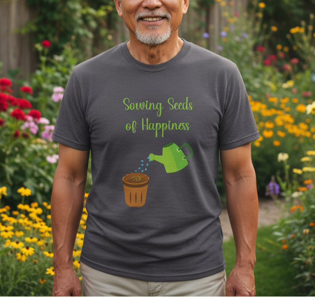 Man wearing a t-shirt with 'Sowing Seeds of Happiness' and a watering can graphic in a garden setting.