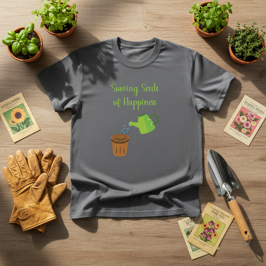 Gray t-shirt with 'Sowing Seeds of Happiness' design on a wooden surface with gardening items.