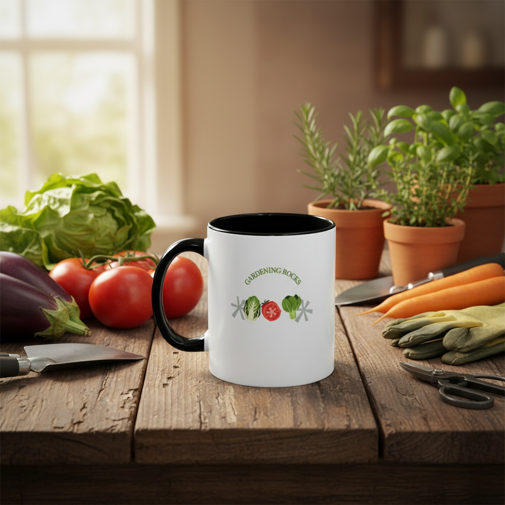 White mug with black handle on a wooden table with gardening items