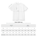 Gildan 5000B t-shirt size chart with measurements on a white background