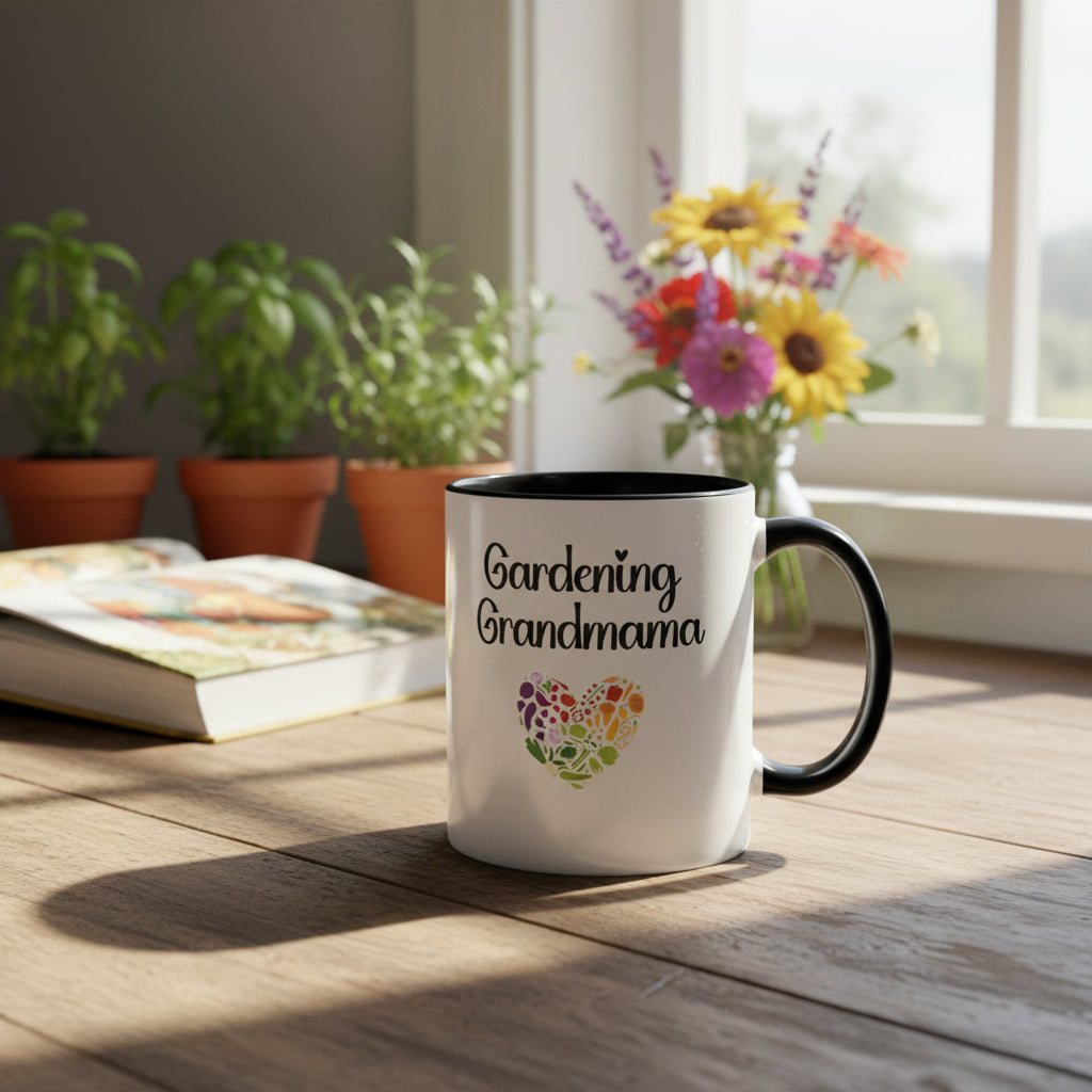 White mug with black handle featuring 'Gardening Grandmama' text and colorful heart design on a beige background