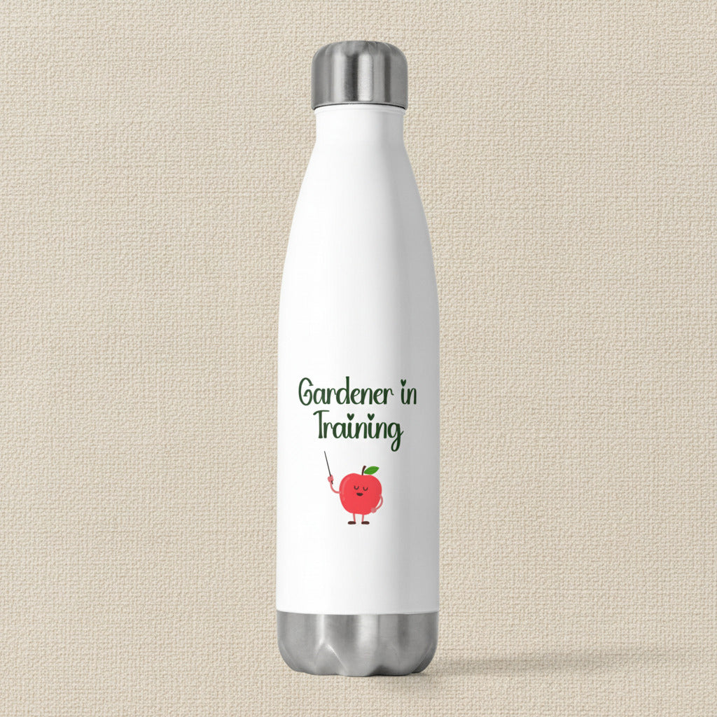 White water bottle with 'Gardener in Training' text and apple graphic on a white background