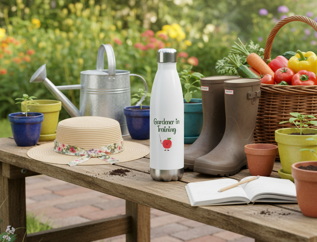 Gardening tools and accessories on a table with a 'Gardener In Training' water bottle.
