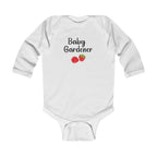 White baby onesie with 'Baby Gardener' text and strawberry graphics on a white background