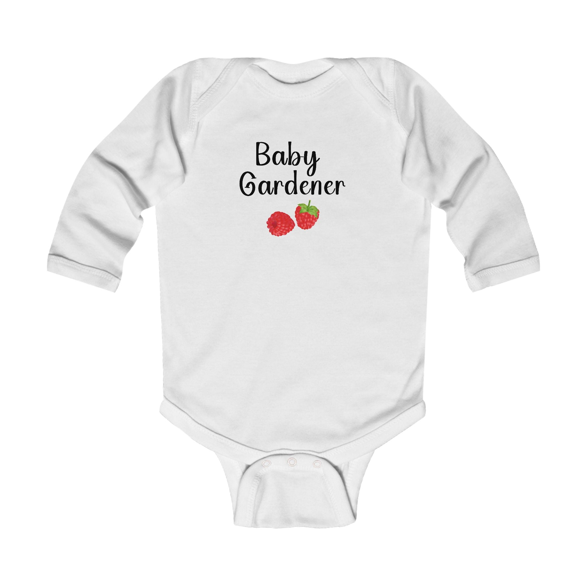 White baby onesie with 'Baby Gardener' text and strawberry graphics on a white background