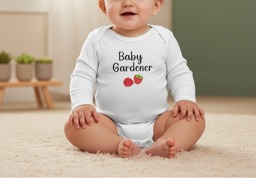 White baby onesie with 'Baby Gardener' text and strawberry graphics on a white background