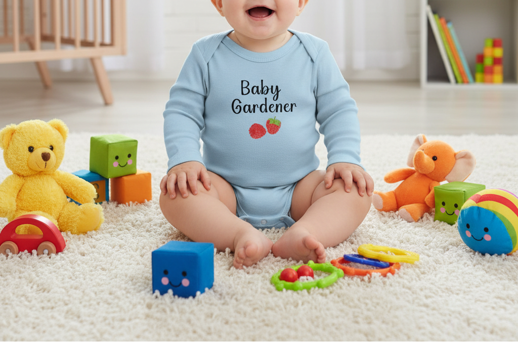 Baby in a 'Baby Gardener' onesie surrounded by toys on a carpeted floor.