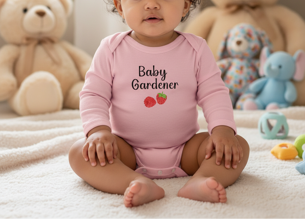 Baby wearing a pink 'Baby Gardener' onesie surrounded by toys