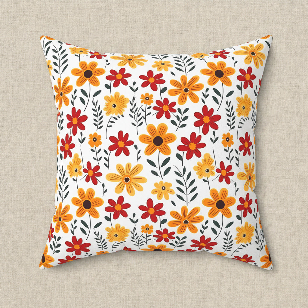 Floral patterned pillow with orange, red, and yellow flowers on a white background