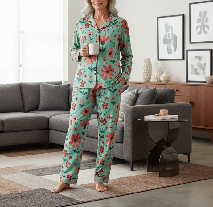 Person wearing a floral pajama set in a living room.