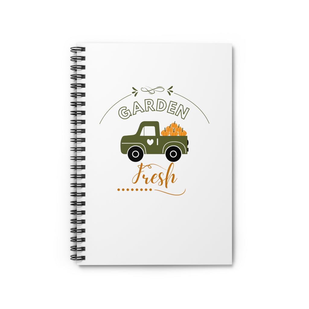 Notebook with a garden-themed design featuring a truck and 'Garden Fresh' text on a white background.