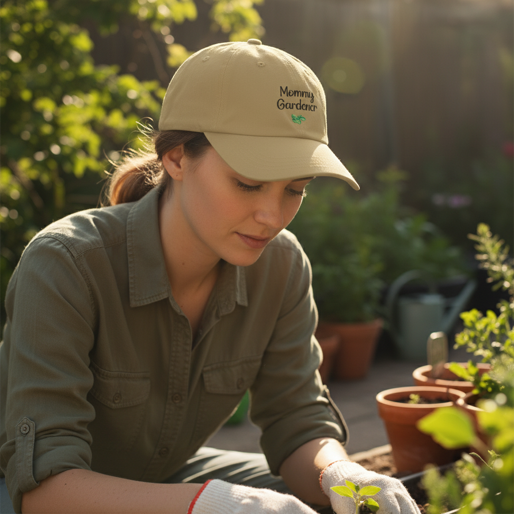 Woman gardening wearing a cap with 'Mommy Gardener' text in a garden setting.
