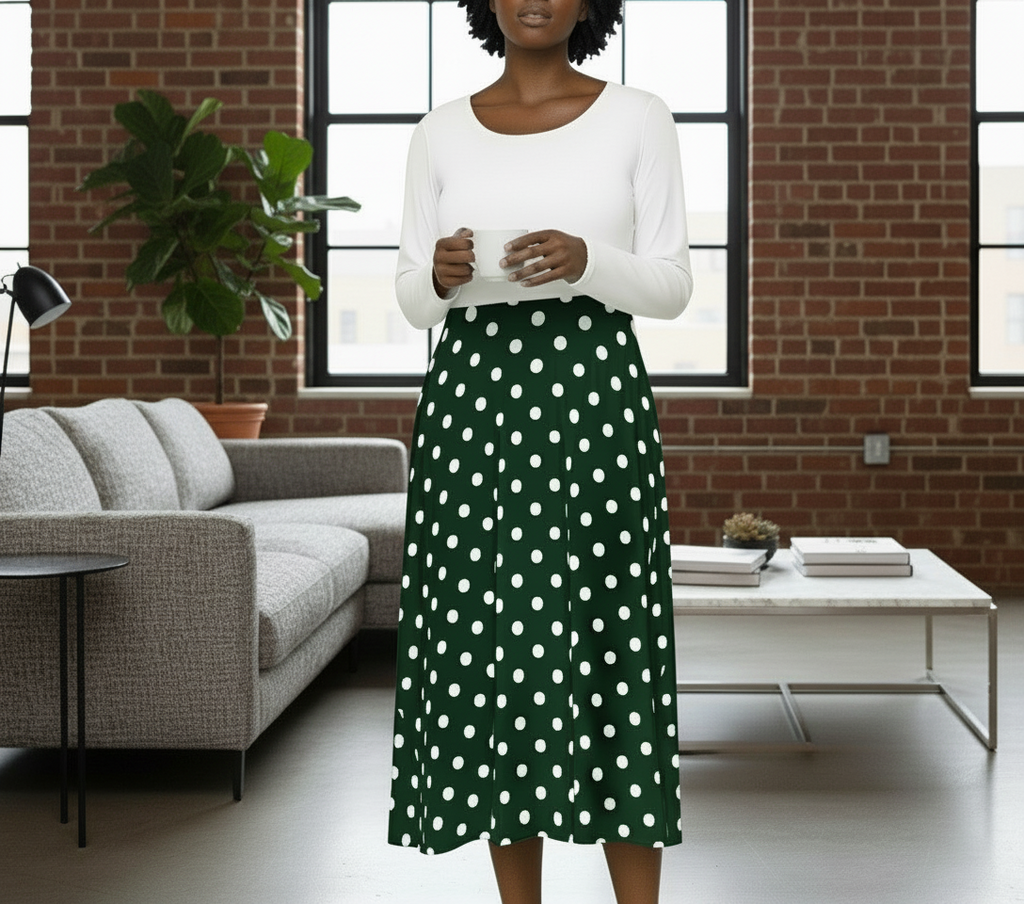Woman wearing a white top and green polka dot skirt in a modern living room.