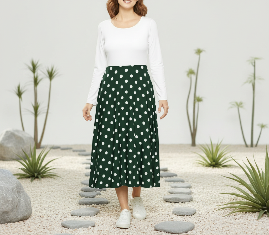 Woman wearing a white top and green polka dot skirt standing on a stone path with plants in the background.