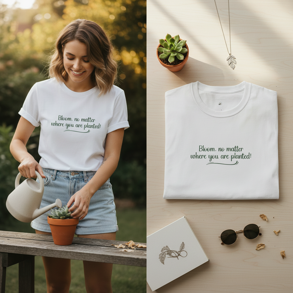 Woman wearing a white t-shirt with a motivational quote, standing outdoors next to a potted plant. The same t-shirt is shown on a table with a plant and jewelry.